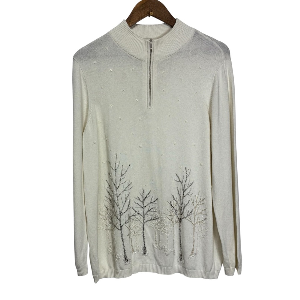 Coldwater Creek Vintage Beautiful Creamy‎ White Beaded Tree Sweater Size Winter